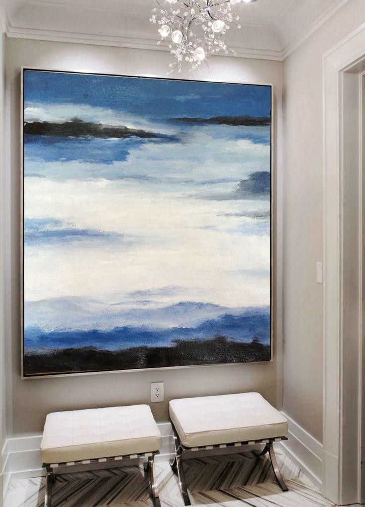 Handmade Large Contemporary Art,Oversized Abstract Landscape Painting,Modern Wall Art,Black,Blue,White.etc